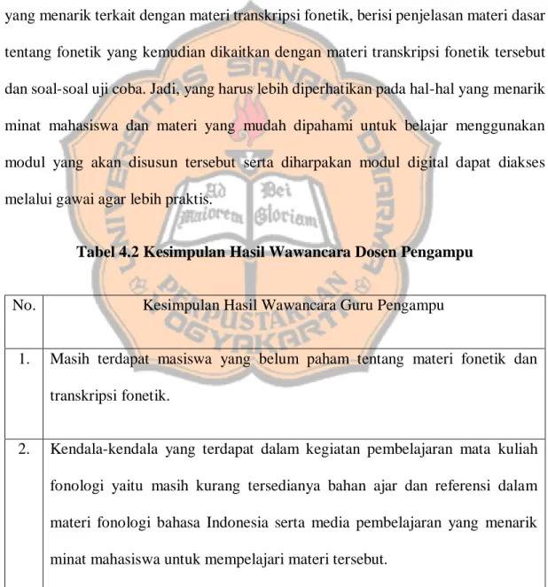 Tabel 4.2 Kesimpulan Hasil Wawancara Dosen Pengampu 