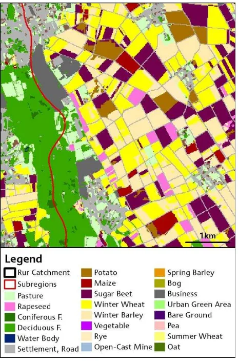 Figure 5.  Subset of the MDA-LU dataset of 2008. Remote sensing derived crop type and vegetation information is integrated with LU from ATKIS
