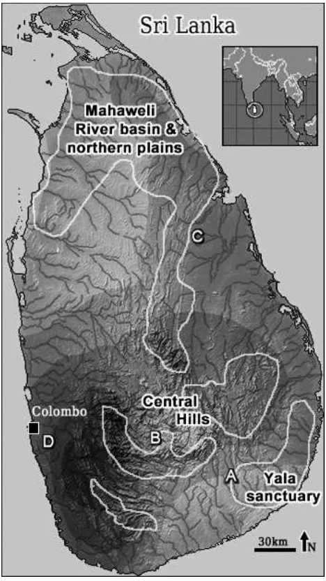 Figure 2. The central highlands, river network, mean annual rainfall and major forest locations of the island (A, B, C & D present approximate locations of figure 1 images)