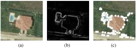 Figure 1: Operation of the Harris detector: (a) shows the originalimage; (b) is theas local maxima of R characteristic function; (c): Keypoints chosen R.