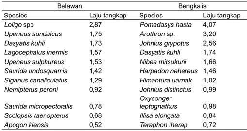 Tabel 3. Komposisi spesies dominan dan laju tangkap (Kg/jam) di perairan  Belawan dan Bengkalis