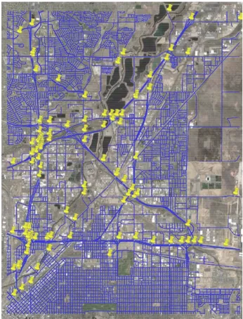 Figure 1 shows one of the test areas in Denver, CO. The blue lines are the input road vectors, while the yellow markers are NBI records