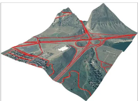 Figure 10 3D view of a 3D road network with NAIP imagery  draped on road flattened DTM (Jefferson County, Colorado)