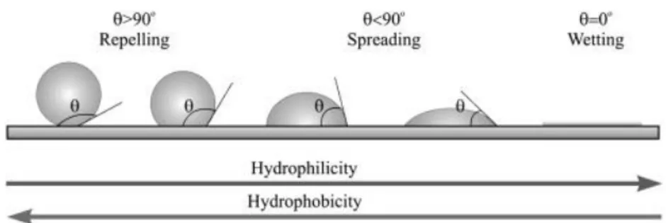 Figure 1-5. The surface wettability model of hydrophobic surface and hydrophilic  surface