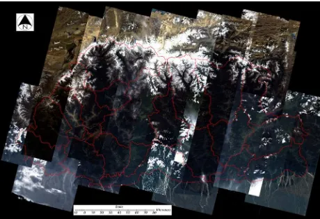 Figure 2.  PRISM DSM mosaic in Bhutan with masked areas (black color) and administration boundaries (red)