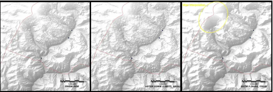 Figure 4.  Visual comparison of PRISM DSM (0.3 arcsec, left), ASTER GDEM-2 (1 arcsec, middle) and SRTM-3 (3 arcsec, right) for the same area