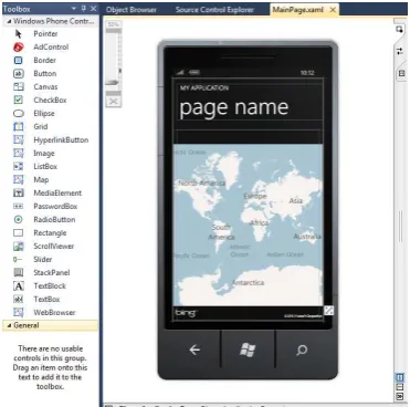 Figure 4  Toolbox and Design View for Windows Phone 7 Application Design using Silverlight™ 