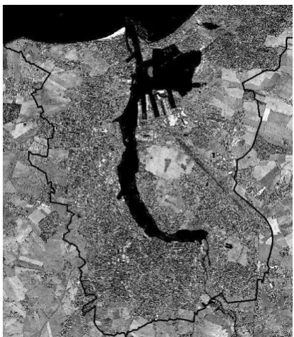Figure 1: Quickbird satellite image with superimposed bordersof Rostock ( c⃝DigitalGlobe, Inc., 2011)