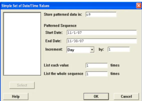 Gambar 3.10 Kotak dialog Simple Set of Date/Time Values 2. Di bawah Store Patterned data in, isikan c9