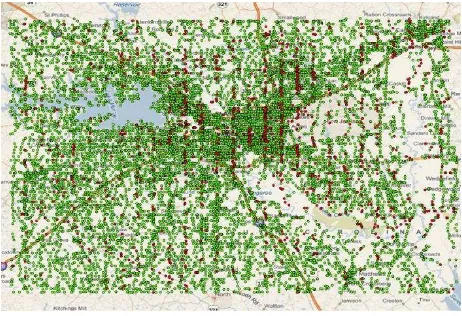 Figure 14: Automated shear analysis along seam lines. 2134 locations (red) out of over 30,000 (green) have questionable shear