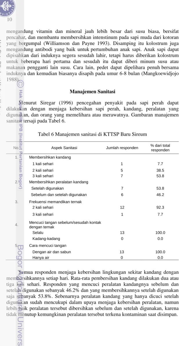 Tabel 6 Manajemen sanitasi di KTTSP Baru Sireum 