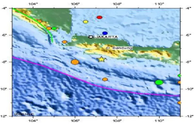 Gambar 8 Peta lokasi gempa Sukabumi  Sehingga  berdasarkan  parameter  tersebut  diperoleh  besarnya dip ialah δ = 0° atau δ = 90°dan besarnya  rake  adalah  0°  ≤  λ  ≤  +  180°