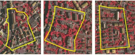 Figure 1: Test sites of scene Vaihingen. ’Inner City’ (Area 1, left),’High-Riser’ (Area 2, middle) and ’Residental’ (Area 3, right)(Rottensteiner et al., 2011)