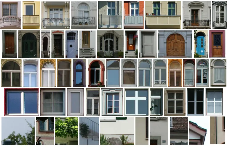 Figure 1: For each row some examples of given image sections for class balcony, entrance, arc-type windows, rectangular windowsand background.