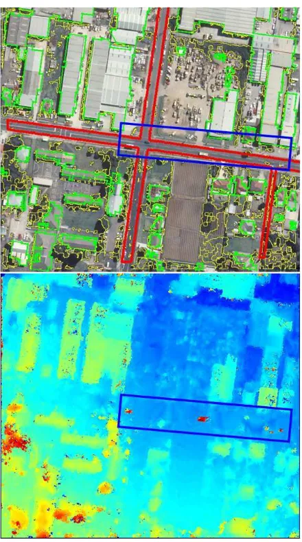 Figure 4: Left: Reference image with building interiors (green)and vegetation areas (yellow) obtained by our method for the dataset Vaihingen
