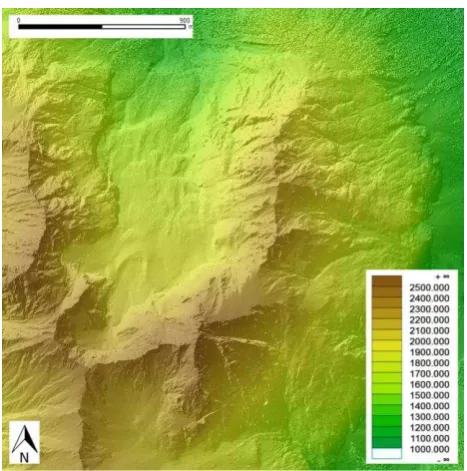 Figure 9. DSM of data set 2; elevation coding overlayed with  hill shading; data: Province of Tyrol  