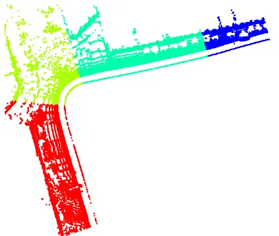 Figure 3: Result of polygonal segmentation and the associatedpartition of the lidar point cloud over an area of interest (one colorper segment, top view)