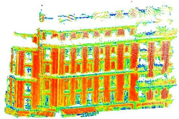 Figure 4: Dimensionality labeling for a building facade (Blue:1D; Green: 2D; Red: 3D).