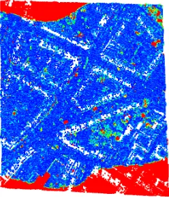 Figure 9: Registration accuracy for the ALS dataset (default con-ﬁguration), colored according to t¯ (0 m (blue)→ 5 m (red)).