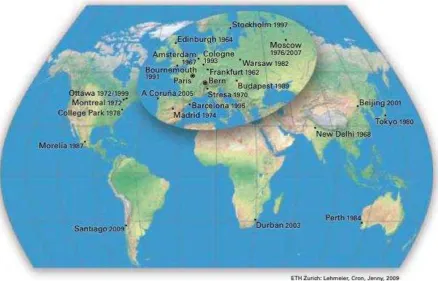 Figure 1. Location of ICA conferences to 2009.  Map courtesy of Bernhard Jenny. 