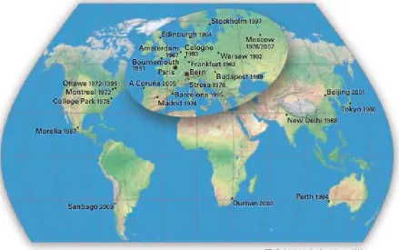 Figure 1. Location of ICA conferences to 2009. Map courtesy of Bernhard Jenny. 