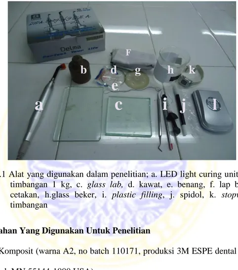 Gambar 4.1 Alat yang digunakan dalam penelitian; a. LED light curing unit, b. anak  timbangan  1  kg,  c