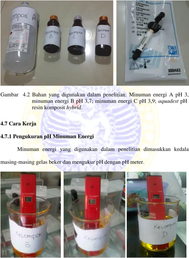 Gambar    4.2  Bahan  yang  digunakan  dalam  penelitian:  Minuman  energi  A  pH  3,2; 