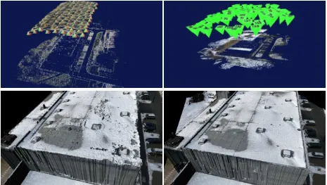 Figure 3: Top: Two relative orientations of a set of 166 images of a large Building in Wessling (Germany)