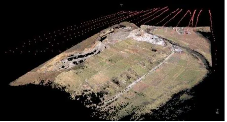 Figure 5. Sparse point cloud and camera stations (red) for an image dataset acquired by an UAV 