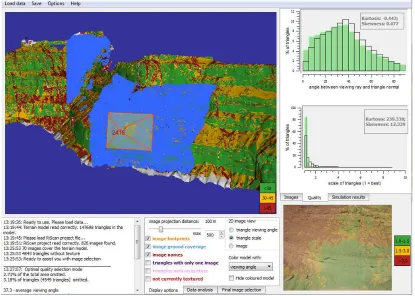 Figure 1. Overview of framework for analysis and optimization of texture parameters. 3D scene display (top left): an image footprint (orange outline) with the corresponding image ground coverage (light blue) and a 3D model coloured with texture viewing ang