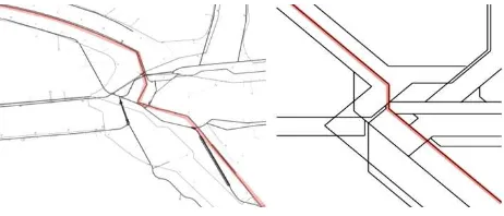 Figure 7. Comparison of network representations using original geodata (left) and schematic abstraction (right)  