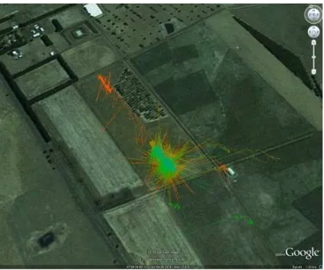 Figure 3. Raw data for sheep positions over time in a 14 ha paddock using GPS collars and Google Earth as context
