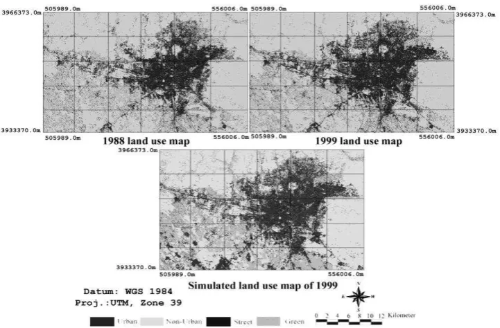 Figure 8. The real and simulated land use map of Tehran Metropolitan Area from 1988 to 1999