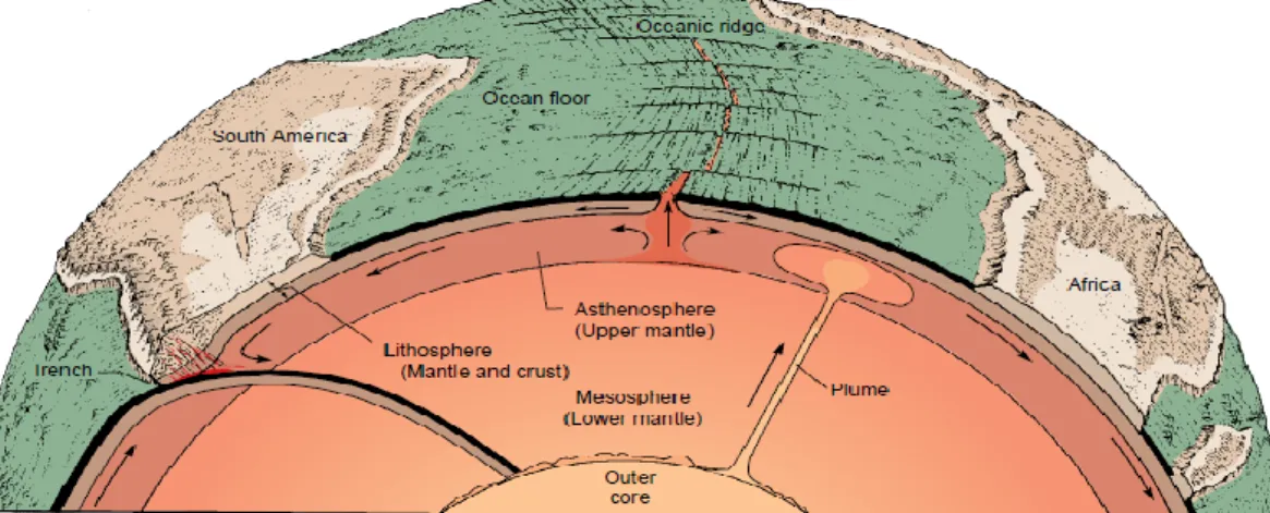 Gambar 2-11 Sistem Tektonik digerakan oleh energi panas yang berasal dari dalam Bumi. Astenosfir yang  bersifat  lebih  plastis  dibandingkan  dengan  litosfir  yang  menutupinya  atau  yang  menutupi  mantel  bagian  bawah