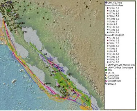 Figure 1.  WMS and WFS features and layers include GPS campaign surveys and continuous stations, seismic stations, earthquake locations, seafloor bathymetry, expedition tracks