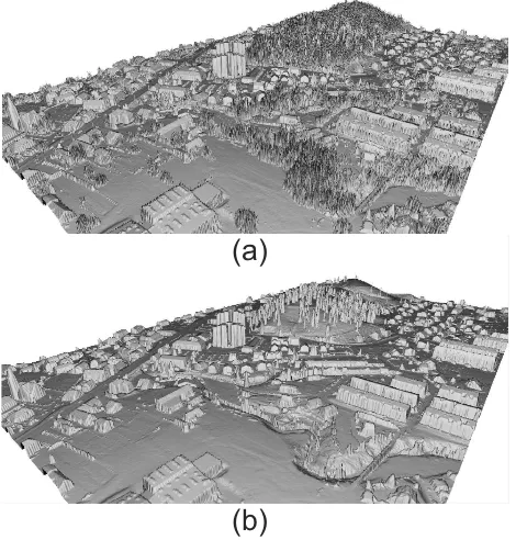 Figure 1: Denoising of (a) LiDAR data generated grid, where (b)a majority of the vegetation is removed.