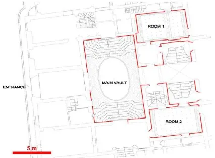 Figure 1. Plan of the original nucleus of the Sangallo’s House in Florence. In red you can see the rooms subject to the survey campaign with laser scanner described in this report, while the representation of the adjacent rooms has been inferred by a  prev
