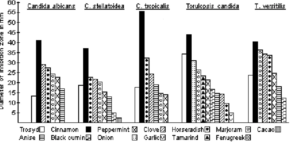 Gambar 3  :Efek minyak esensial terhadap 5 spesies  jamur yang dibandingkan dengan trosyd  (tioconazole)