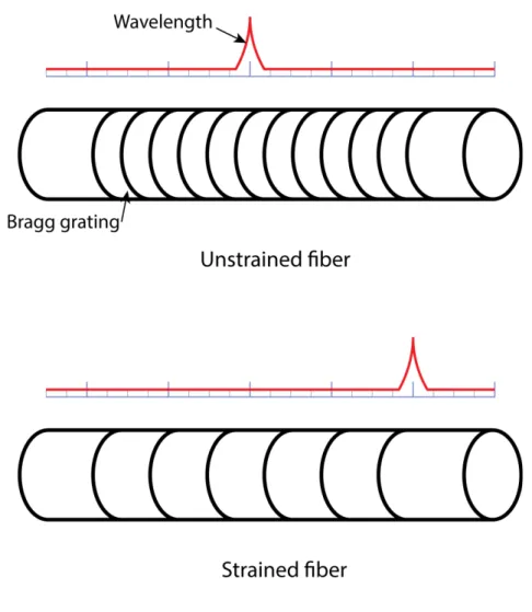 Figure 1.10  Mechanism of fiber Bragg grating, with the wavelength shift in strained fiber 