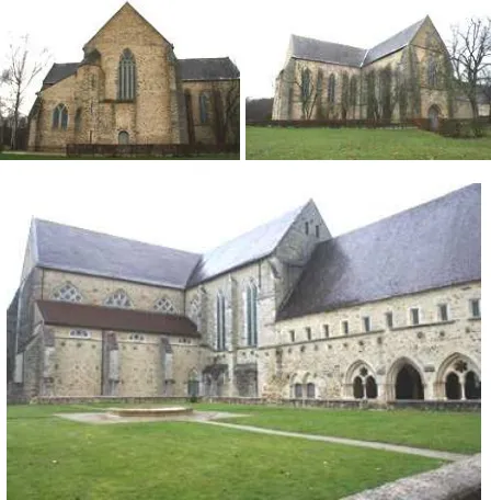 Figure 1. Abbey of Epau: Top: two views of the abbey-church. Bottom: cloister square.  