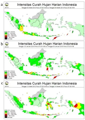 Gambar 7. Intensitas curah hujan harian  Indonesia pada a) interaksi Monsun Asia – cold  surge 3 Maret 2013, b) interaksi Monsun Asia –  MJO 2 Januari 2015, dan c) interaksi Monsun Asia 