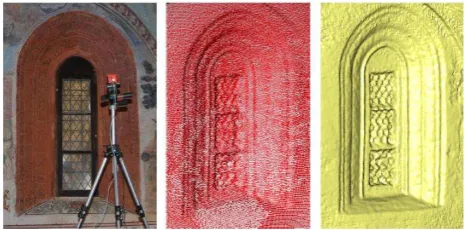Figure 12. Window of the San Giorgio in Valperga (Italy): data acquisition with SR-4000 camera (left), 3D point cloud after manual registration (centre), and final 3D model (right) 