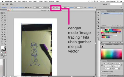 Gambar di import ke program  Illustrator dengan  mode “image  tracing “ kita  ubah gambar  menjadi  vector