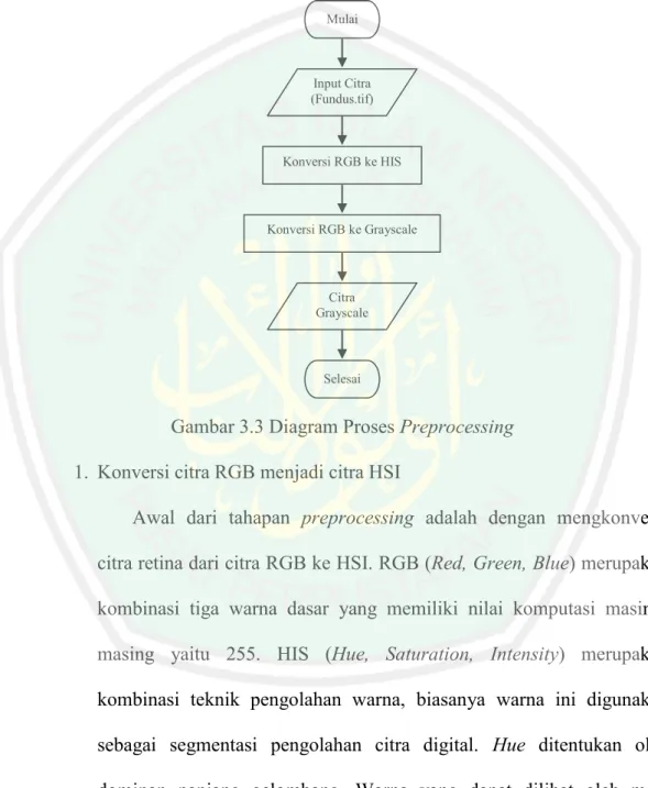 Gambar 3.3 Diagram Proses Preprocessing  1.  Konversi citra RGB menjadi citra HSI 