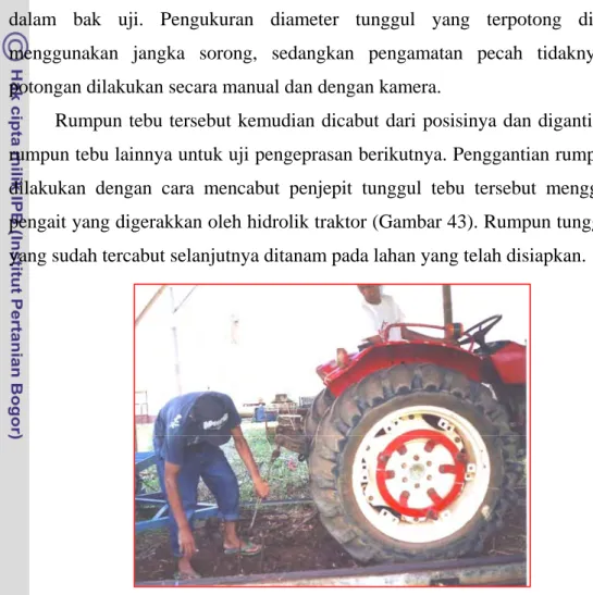 Gambar 43  Pencabutan  penjepit  rumpun tunggul tebu dari bak uji menggunakan  tenaga hidrolik traktor