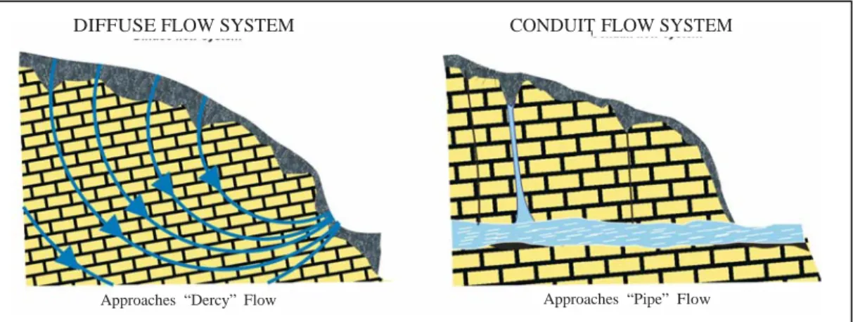 Gambar 1. Diffuse, mixed, dan conduit aliran air tanah kars (Domenico dan Schwartz, 1990)