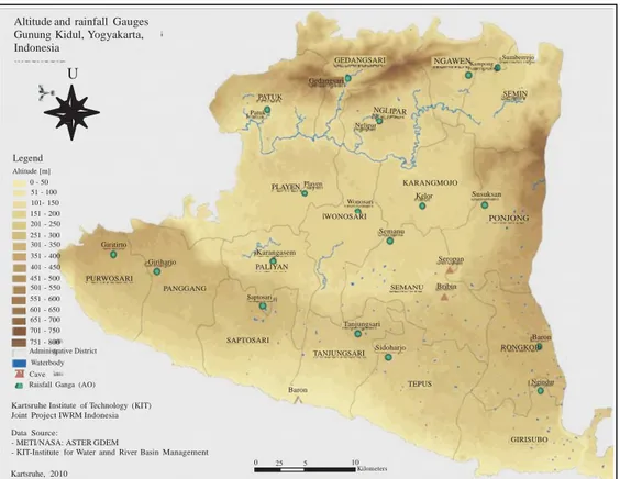 Gambar 4. Distribusi elevasi dan sebaran stasiun hujan di Kabupaten Gunung Kidul ( Brunsch drr., 2011)