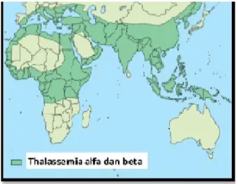 Gambar 2.1  Peta   penyebaran   talasemia   di   dunia,   perhatikan   bahwa   penyebaran  ini   nampaknya   sesuai   dengan   penyebaran   malaria falsiparum