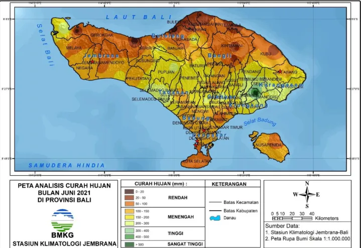 Gambar 1. Peta analisis curah hujan bulan Juni 2021 di Provinsi Bali