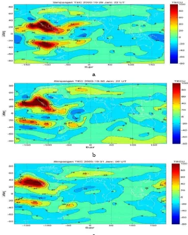 Gambar 4-3: Badai ionosfer positif yang terjadi pada tanggal 29 dan 30 Oktober  2003 pada pukul 22:00 UT paling intensif terjadi di sektor Amerika (a dan b) berada dalam rentang bujur -150° sampai -100°